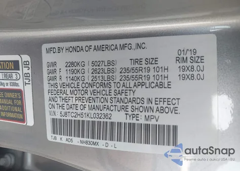 2019 Acura Rdx Technology Package z USA, uszkodzony, nr VIN 5J8TC2H51KL032362